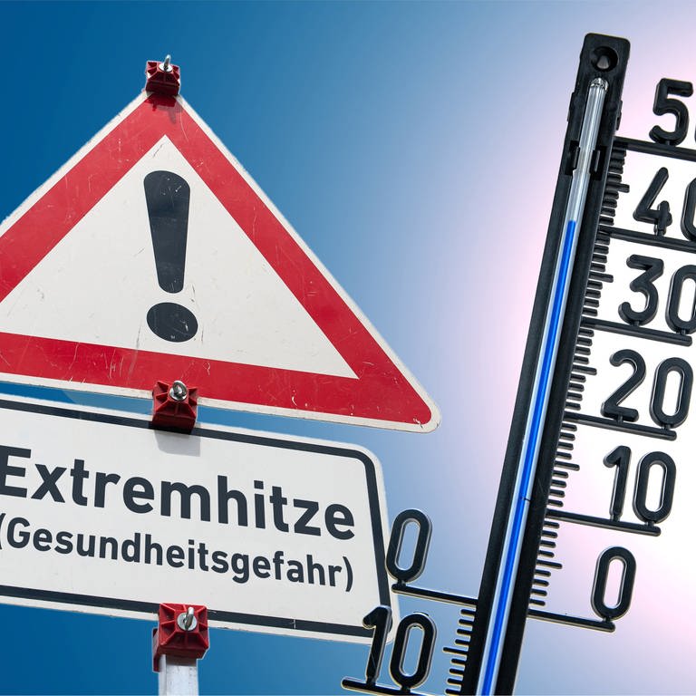 Extreme Hitze Warnschild mit der Unterschrift "Gesundheitsgefahr" neben einem Termometer, was 40 Grad Celsius anzeigt (Foto: picture-alliance / Reportdienste, picture alliance / SULUPRESS.DE | Torsten Sukrow / SULUPRESS.DE)