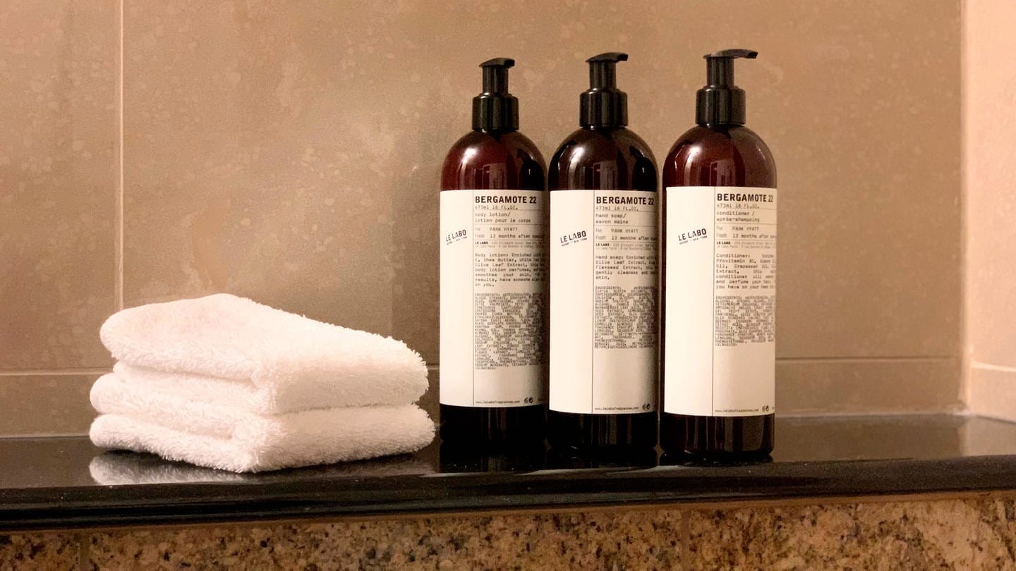 Plegeprodukte wie Shampoo und Duschgel und ein kleines Handtuch in einem Hyatt-Hotel (Foto: picture-alliance / Reportdienste, picture alliance/AP Photo | Uncredited)