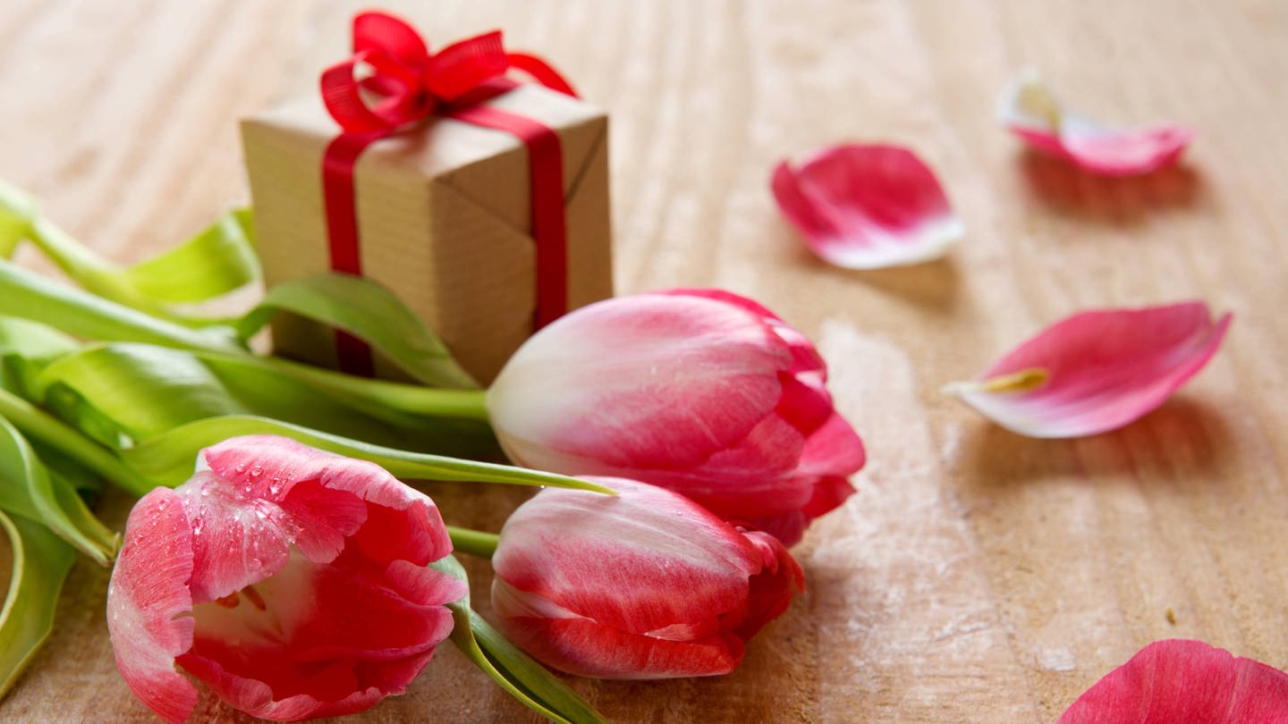 Ein Strauß rosa Tulpen und ein Geschenk zum Valentinstag (Foto: picture-alliance / Reportdienste, picture alliance / PantherMedia | Swetlana Wall)