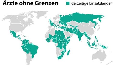 Länder in denen Ärzte ohne Grenzen im Einsatz ist  Stand: Dezember 2021 (Foto: picture-alliance / Reportdienste, picture alliance/dpa/dpa Grafik | dpa-infografik GmbH)