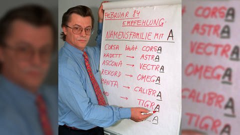 Manfred Gotta zeigt am 24.8.1993 in Frankfurt am Main an einer Schautafel die von ihm erfundene Namensfamilie für den Autohersteller Opel. Mit einer Marktnische in der Werbebranche hat er sich bei vielen Unternehmen einen Namen gemacht.
