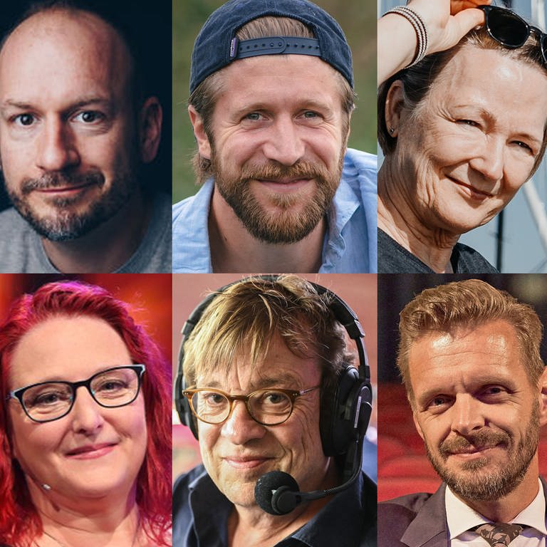 Best of SWR1 Leute am 31.12.2023 mit Martin Wittmann, Benedikt Bösel, Almut Laing, Yael Adler, Anny Hartmann, Béla Réthy, Florian Schroeder und Axel Reitz (Foto: SWR)