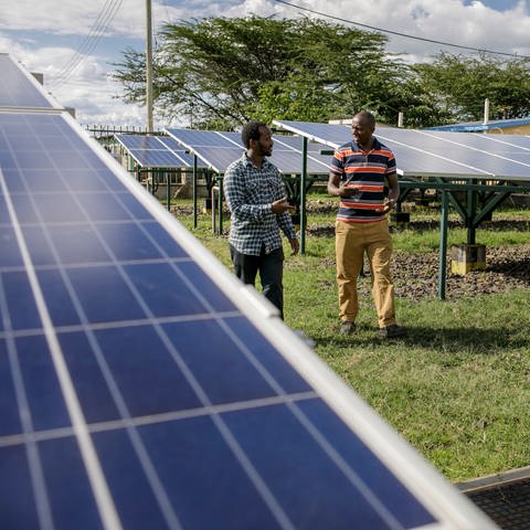 Zwei Mitarbeiter laufen ueber ein Feld mit Solaranlagen im Solarkraftwerk Talek Power (Foto: picture-alliance / Reportdienste, picture alliance / photothek | Thomas Imo)