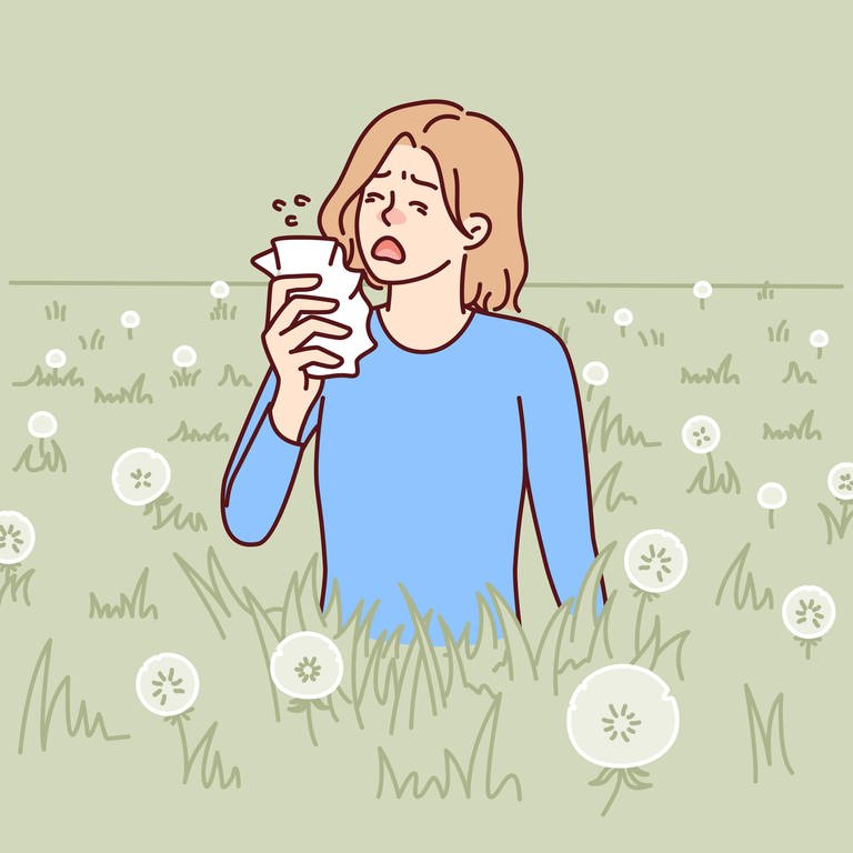 Illustration: Frau niest wegen Allergie gegen Löwenzahnblüten und Pollen von Sommerpflanzen.  (Foto: picture-alliance / Reportdienste, picture alliance / Zoonar | Elada Vasilyeva)