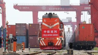 Ein chinesischer Güterzug auf dem Weg nach Europa steht zwischen Containern (Foto: imago images, Xinhua)
