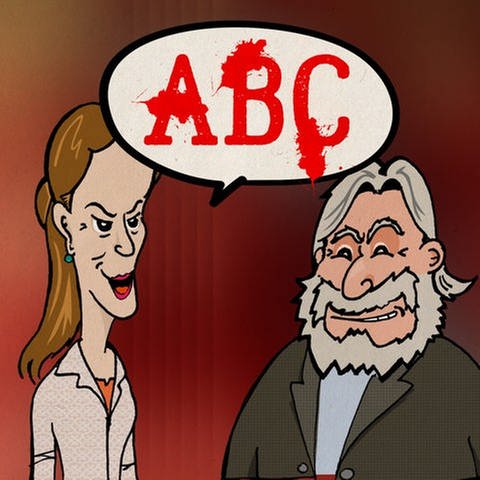 "ABC des schönen Mordens": Illustration eines Paares, zwischen den beiden eine Sprechblase mit blutigen Buchstaben: "ABC" (Foto: SWR, Steffen Weiss)