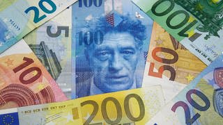 Neben einem Schweizer Geldschein liegen Eurogeldscheine (Foto: imago images, Steinach)