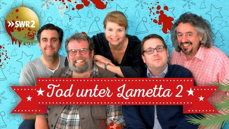Reihenmotiv zu "Tod unter Lametta 2" mit Gruppenfoto: Bastian Pastewka, Jochen Malmsheimer, Annette Frier, Kai Magnus Sting und Leonhard Koppelmann (Foto: SWR)