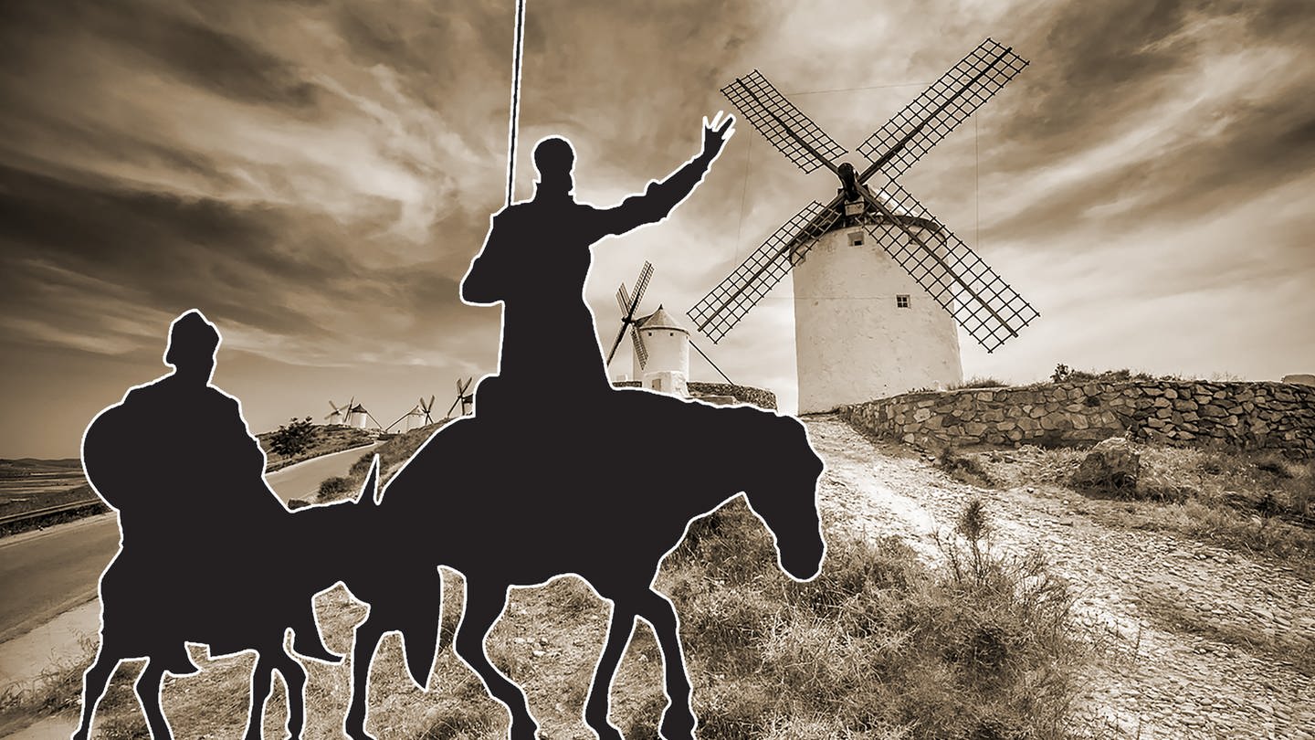 Windmühlen in der Mancha und Silhouette von Don Quijote und Sancho Panza (Foto: Colourbox, Foto: Colourbox.de -)
