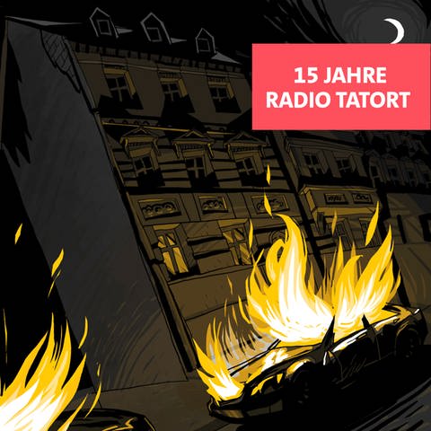Ein brennendes Auto nachts vor einem Stadthaus, Motiv des ARD Radio Tatort "Dreizehn" (Foto: SWR, Jürgen Frey)