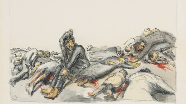Ludwig Meidner (1884 − 1966), "Klagender unter Toten", aus dem Zyklus "Leiden der Juden in Polen" oder "Massacres in Poland", Großbritannien, London, 1942 – 1945, Aquarell, Kohle. (Foto: Pressestelle, © Jüdisches Museum Frankfurt)