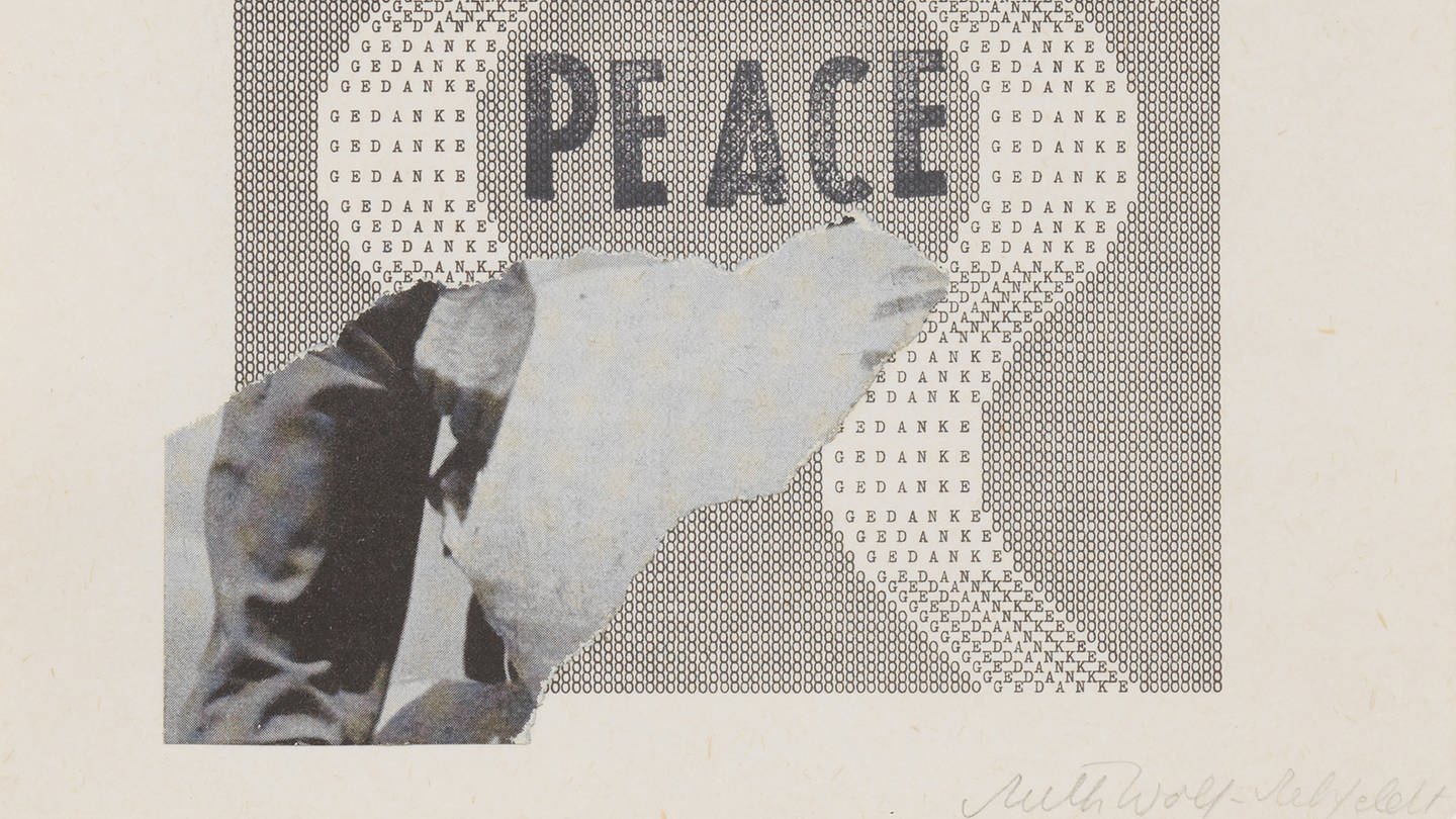 Ruth Wolf-Rehfeldt, Gedankengänge (PEACE), 1980er-Jahre, Collage, Papier und Stempel auf Zinkografie,