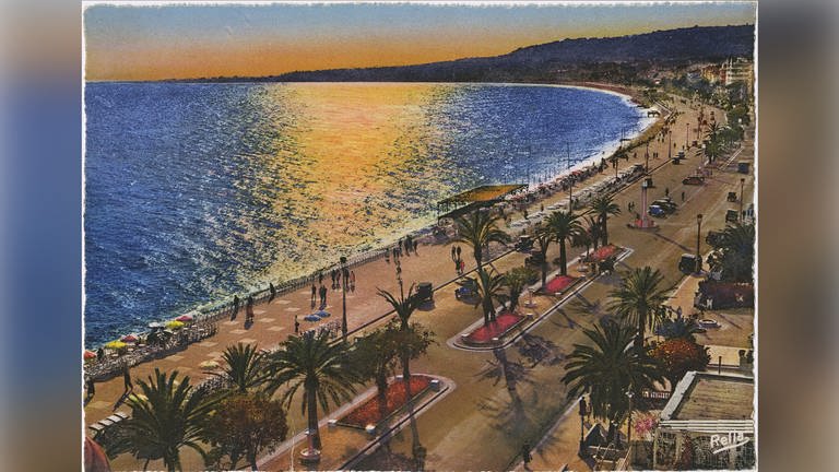 Kolorierte Ansichtskarte von der Promenade des Anglais in Nizza, aus Max Beckmanns Ansichtskartensammlung, ca. 1947, Postkarte (Foto: Pressestelle, Pinakothek der Moderne)