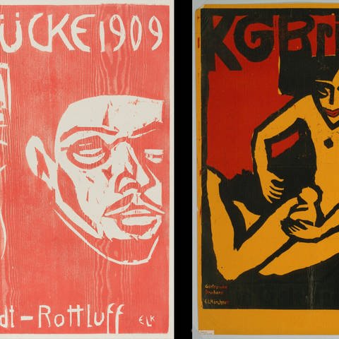 Cover of the Fourth Yearbook of the Artist Group the Brucke, 1909. Creator: Ernst Kirchner (left) Ernst Ludwig Kirchner KG bridge. Color cutting, pressure of 2 sticks in black and red on yellow paper 1910. (Foto: IMAGO, Heritage Images / piemags)