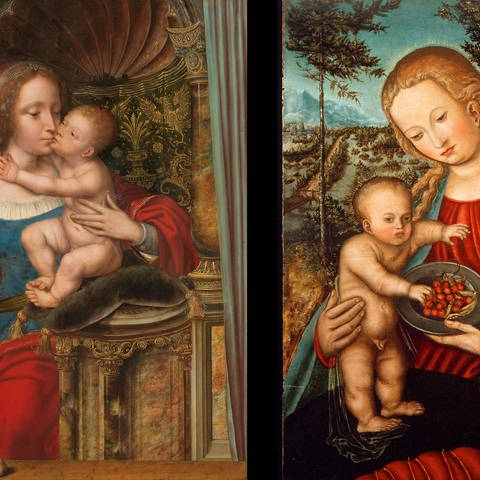 "Virgin and Child" von Quentin Massys, c.1525-c.1530 (links) und "Madonna mit den Kirschen" von Lucas Cranach, um 1506. Archivfotos (Foto: picture-alliance / Reportdienste, Heritage Images /  akg-images)