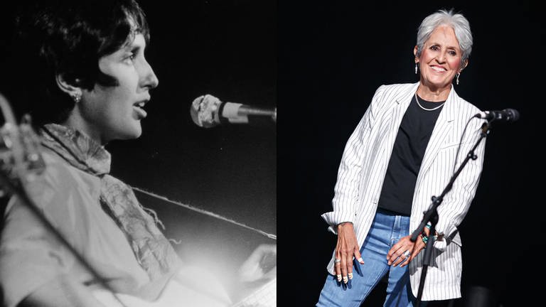 Große Karrieren: Joan Baez. Links: 1969 beim Woodstock-Festival; rechts: 2019 in Montreux (Foto: dpa Bildfunk, akg-images; Valentin Flauraud)