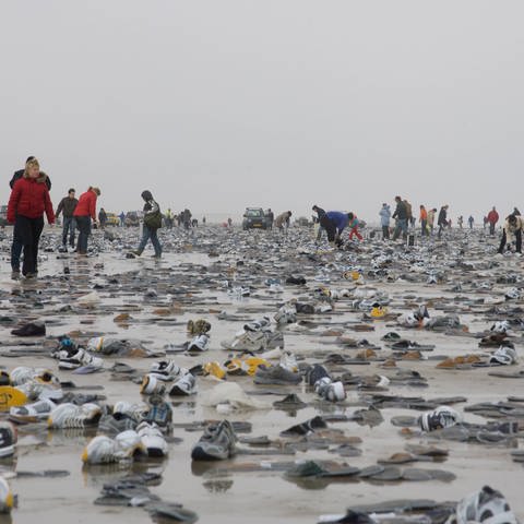 Menschen sammeln angeschwemmtes Treibgut nach dem Kentern eines Schiffs (Foto: IMAGO, IMAGO / blickwinkel)