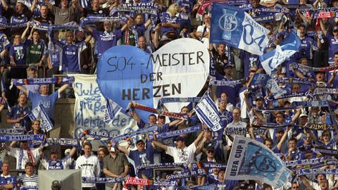 Schalker Fans, die Meister der Herzen, schwenken ihre Fanschals (Foto: imago images, IMAGO / Sven Simon)