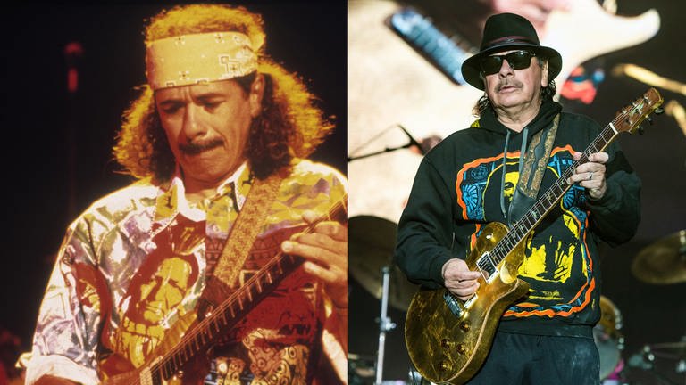 Große Karrieren: Carlos Santana. Links: Woodstock, rechts: 2019 bei der Napa Valley Expo (Foto: dpa Bildfunk, Filmmaterial; Chris Tuite/imageSPACE/MediaPunch)