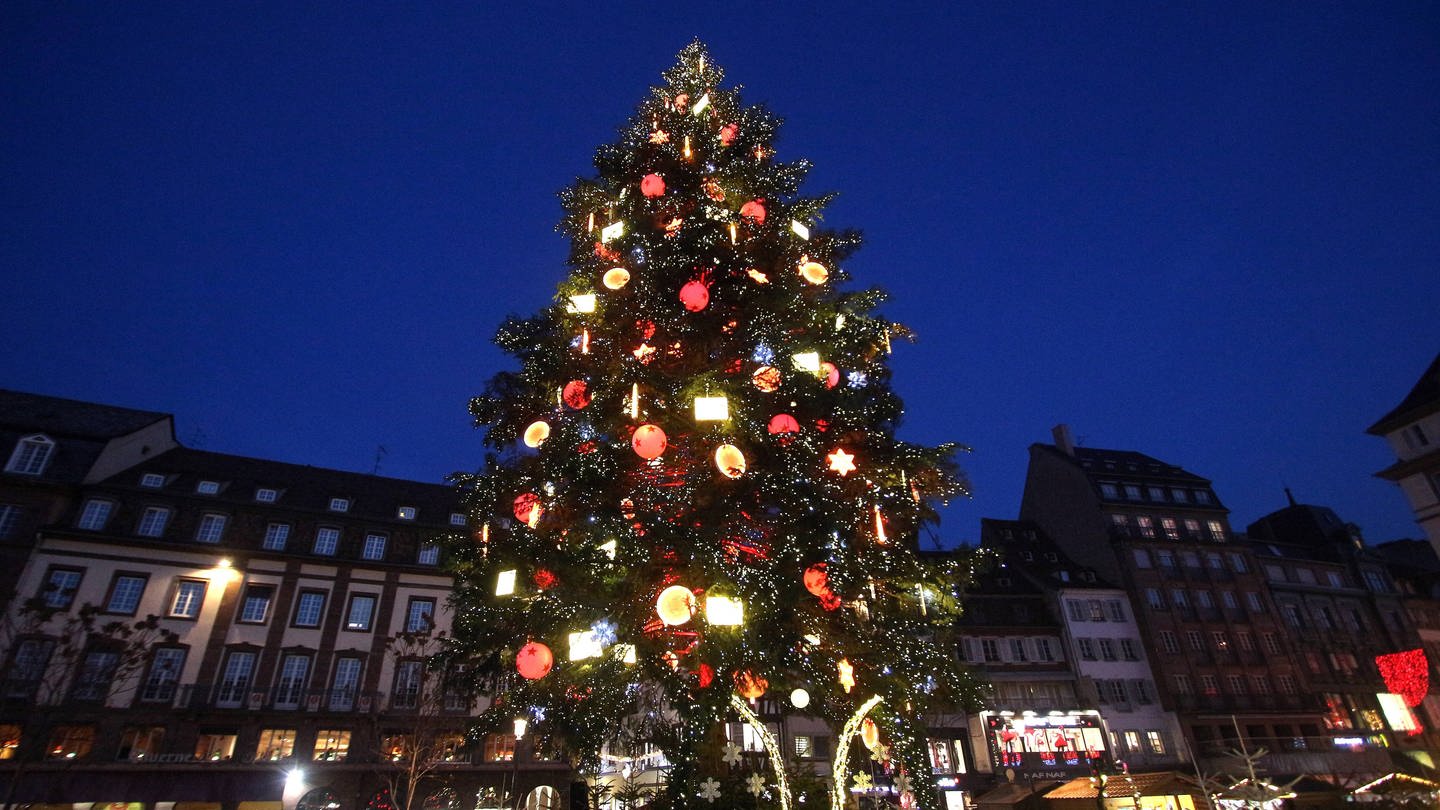 Beleuchteter Weihnachtsbaum auf dem Weihnachtsmarkt in Straßburg (Foto: IMAGO, imago images / Ralph Peters)