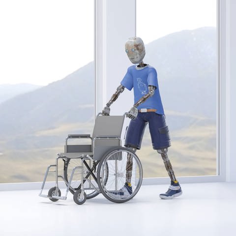 Ein Roboter schiebt einen Rollstuhl (Foto: IMAGO, IMAGO / Westend61)