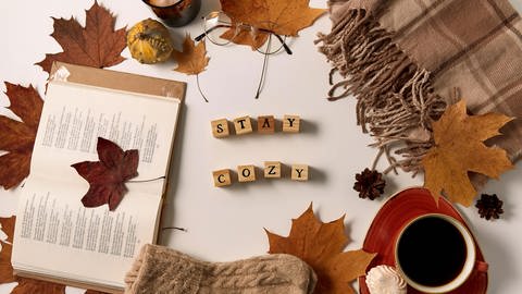 Symbolfot. Stay cozy words made of wooden toy blocks with letters or stamps and autumn staff on white background (Foto: picture-alliance / Reportdienste, Zoonar | lev dolgachov)