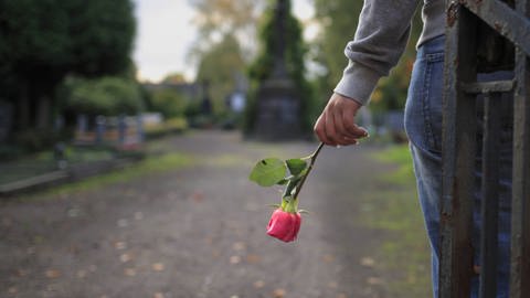 Junge Frau mit einer Rose auf dem Friedhof (Foto: IMAGO, photothek)