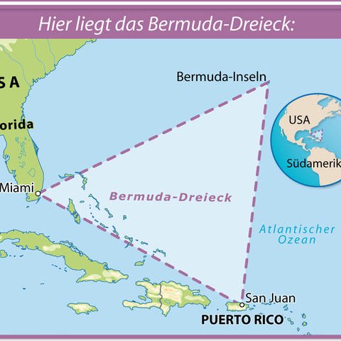 Das berühmte Bermuda-Dreieck liegt zwischen Miami in Florida, San Juan in Puerto Rico und den Bermuda-Inseln. (Foto: picture-alliance / Reportdienste, dpa-infografik)