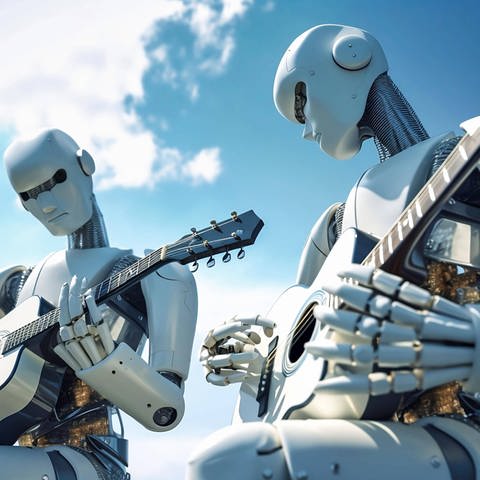 Zwei AI Android Roboter spielen Gitarre. (Foto: IMAGO, IMAGO / imagebroker / Firn ibxmob09139322.jpg)