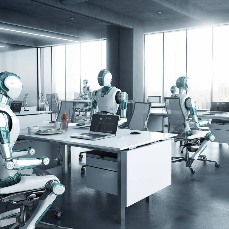 Ein futuristisches, modernes Büro in dem AI Roboter die Arbeit erledigen, weiße Roboter am Schreibtisch vor Monitoren (Foto: IMAGO, IMAGO / imagebroker)