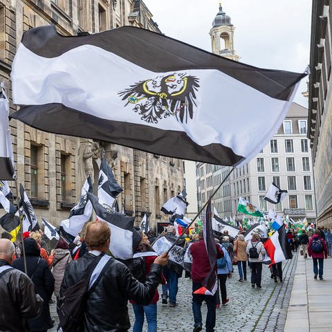 Demonstration von Reichsbürgern (Foto: picture-alliance / Reportdienste, picture alliance/dpa | Daniel Schäfer)