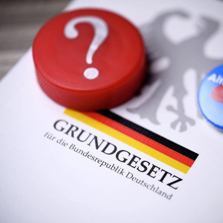 Parteianstecker der AfD und Fragezeichen auf dem deutschen Grundgesetz (Foto: picture-alliance / Reportdienste, picture alliance / CHROMORANGE | Christian Ohde)