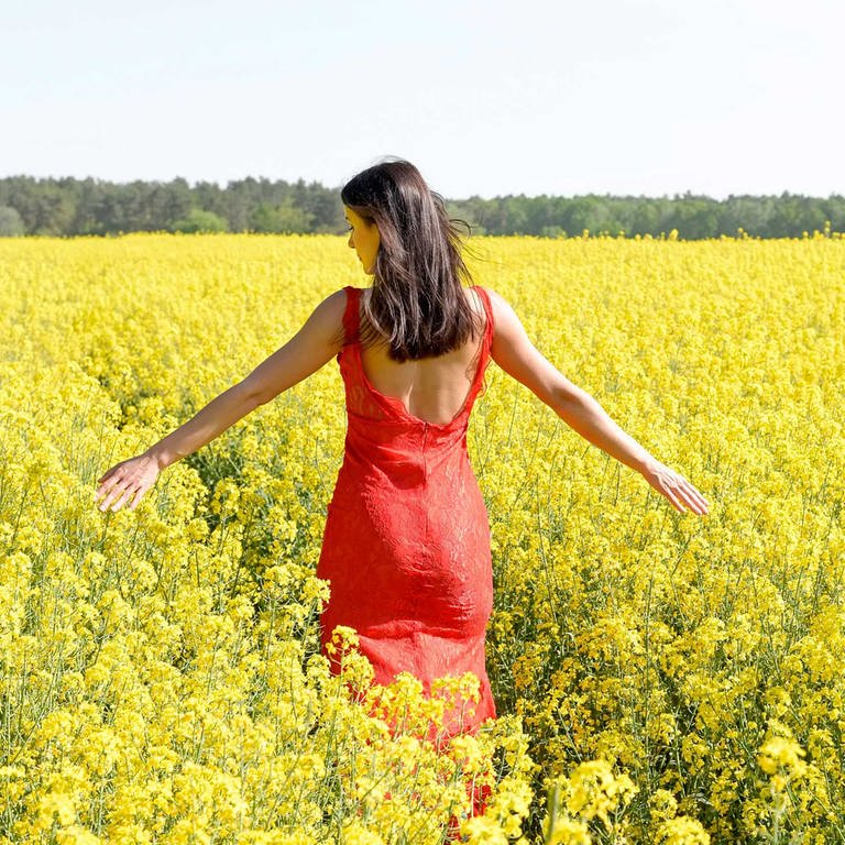 Eine Frau in einem roten Kleid geht durch ein gelb bühendes Feld (Foto: IMAGO, Imago)