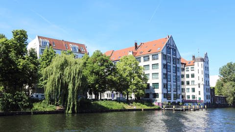 Seit 2009 ist in Berlin-Kreuzberg das „May-Ayim-Ufer“ nach der Autorin und Aktivistin benannt: Blick über den Fluss Spree auf mehrere Bäume und Mehrfamilienhäuser. Blauer, fast wolkenloser Himmel, ein sonniger Tag. (Foto: IMAGO, IMAGO / F. Berger)