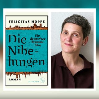 Die Autorin Felicitas Hoppe neben dem Cover ihres Romans "Die Nibelungen. Ein deutscher Stummfilm" (Foto: Pressestelle, S. Fischer Verlag | © Ekko von Schwichow)
