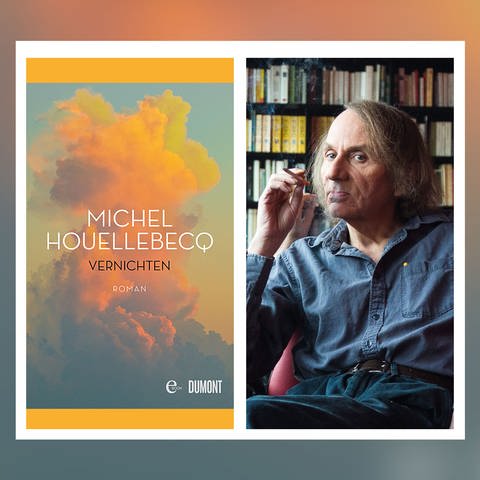 Porträt des französischen Schriftsteller Michel Houellebecq und das Cover zu seinem Roman "Vernichten" (Foto: Pressestelle, Dumont Verlag | © Philippe Matsas / Flammarion)