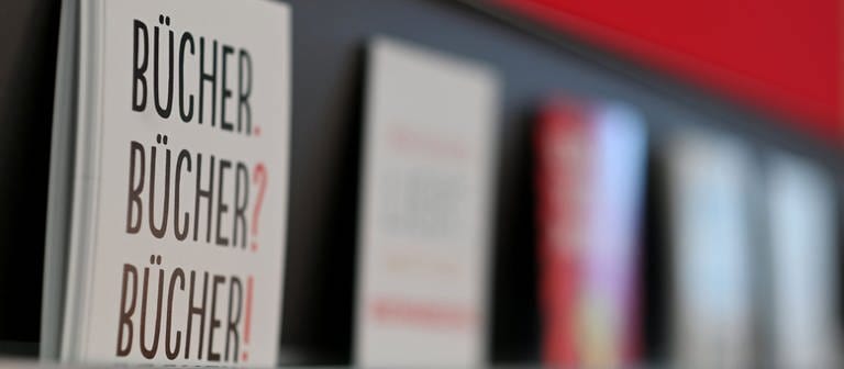 Frankfurter Buchmesse 2022: Bücheregal mit der Tafel "Bücher. Bücher? Bücher!" (Foto: picture-alliance / Reportdienste, picture alliance / Frank May)