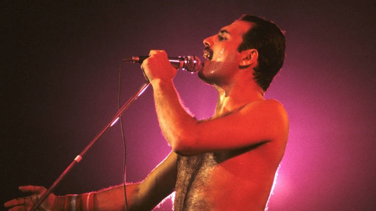 Queen-Frontmann Freddie Mercury singt ins Mikrophon (Foto: IMAGO, imago images/Future Image)