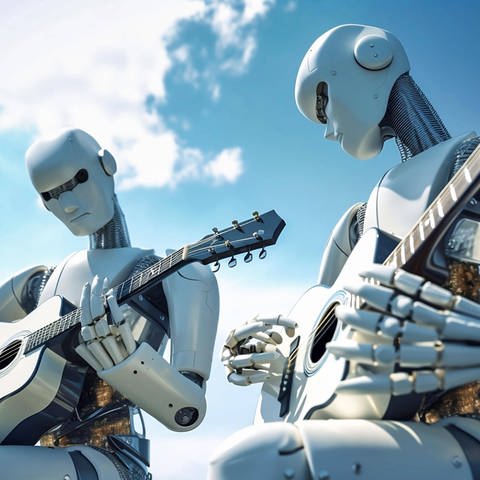 Zwei AI Android Roboter spielen Gitarre (Foto: IMAGO, imagebroker)