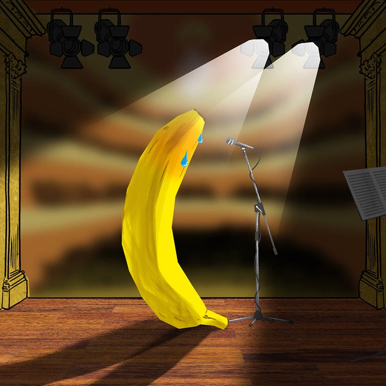 Zeichnung: Eine menschengroße Banane im Scheinwerferlicht auf einer Bühne (Foto: SWR, Chris Veit)