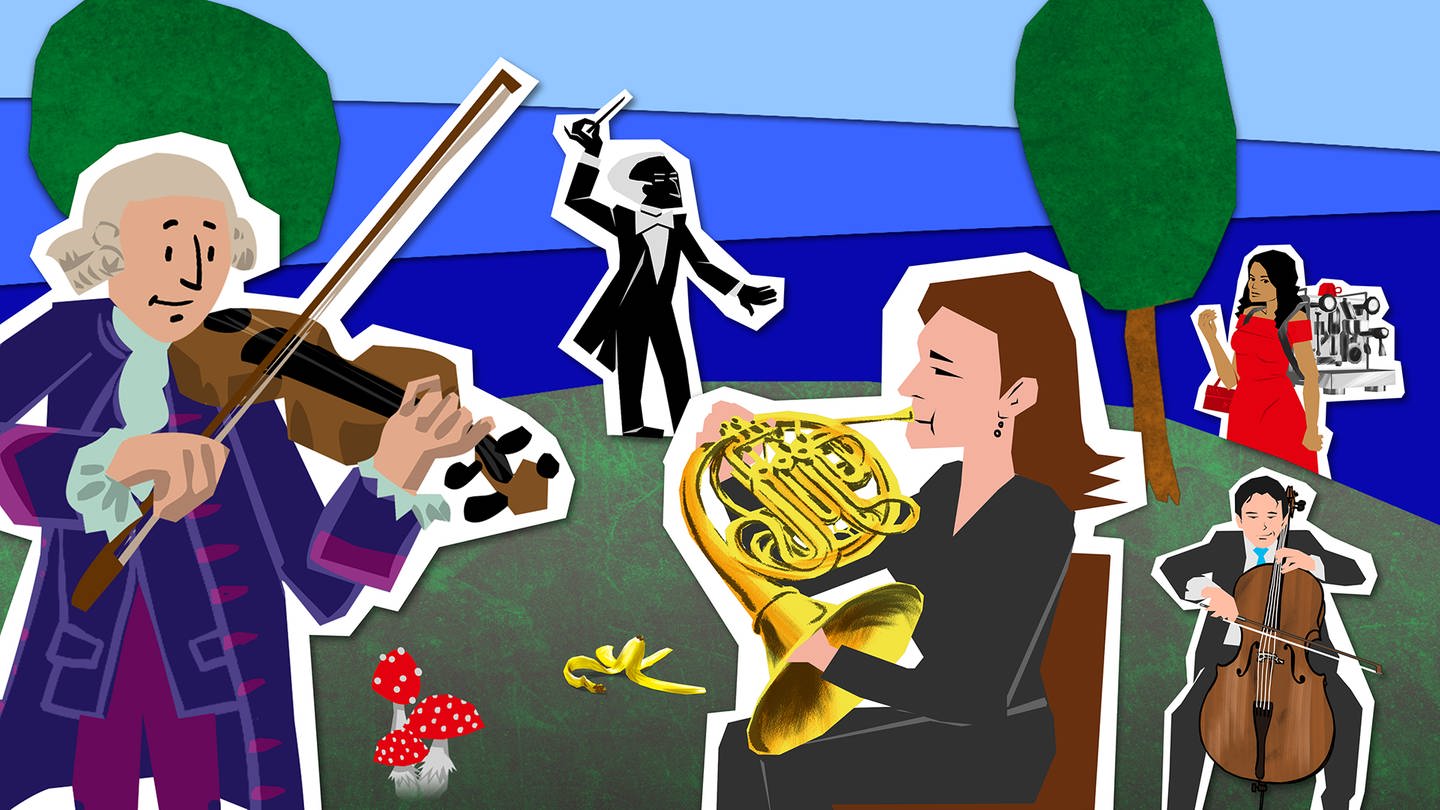 Animationsbild mit einigen Protagonist:innen der Musikgeschichten in 60 Sekunden (Foto: SWR, Chris Veit (Zeichnung))