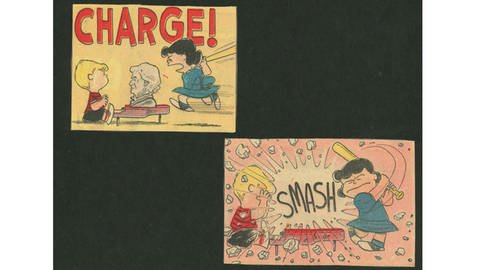 Charles M. Schulz, Peanuts-Comic, Zeitungsausschnitt, 1950er Jahre aus einem 1958  zusammengestellten Album; Beethoven-Haus Bonn, Geschenk von Louisa Cagwin, San Francisco (Foto: Pressestelle, Beethoven-Haus Bonn / Charles M. Schulz)