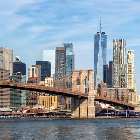 New York City, Skyline von Manhattan mit Brooklyn Bridge (Foto: IMAGO, IMAGO / Aviation-Stock)