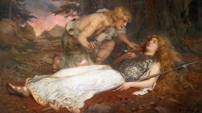 Gemälde von Butler Charles Ernest. Siegfried beugt sich über die schlafende Brünnhilde. (Foto: IMAGO, IMAGO / agefotostock)