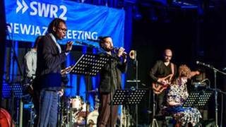 Abschlusskonzert beim NEWJazz Meeting 2018 in Karlsruhe (v.l.n.r.) Fiston Mwanza Mujali, Mario Rom, Gregory Dargent, Mona Matbou Riahi (Foto: SWR, SWR - Foto: paul Gärtner)