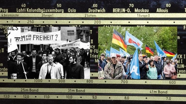 Bild einer Maidemo in Köln 1968 und einer AfD-Kundgebung zum 1. Mai  auf der Senderskala eines alten Radios (Foto: SWR, dpa picture alliance   - Hintergrundbild Matthias Hauser | links: Klaus Rose | rechts: Christoph Soeder)