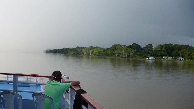 Eine Regenwand nähert sich: Im Vordergrund der Amazonas, im Hintergrund der Regenwald (Foto: SWR, SWR - Karl-Ludolf Hübener)