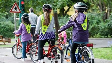 Verkehrserziehung: Mehrere Kinder mit Warnwesten fahren Fahrrad auf einem Verkehrsübungsplatz. (Foto: picture-alliance / dpa, picture-alliance / dpa -)