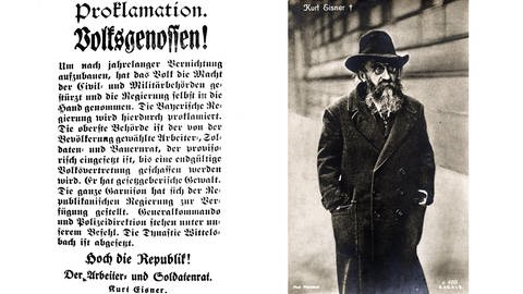 Plakat und Kurt Eisner (Collage): Eisner war Anführer der Novemberrevolution von 1918 in München (Foto: imago images, imago images / Photo12 und imago images / KHARBINE-TAPABOR / Collage SWR)