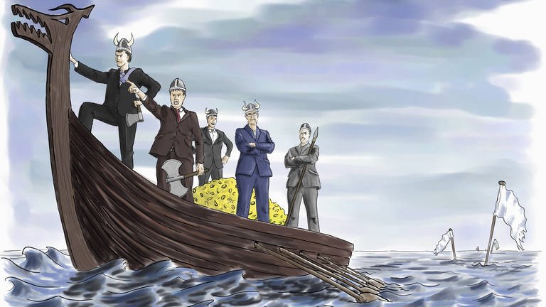 Rücksichtslose Geschäftsmänner mit Geldhaufen auf einem Wikingerschiff (Foto: IMAGO, imago images / Ikon Images)